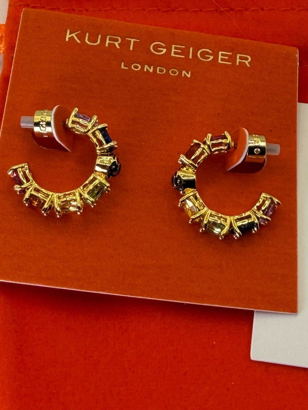 Kurt Geiger London Rainbow Crystal Hoop Earrings Gold Tone NWT $78 - Picture 2 of 12